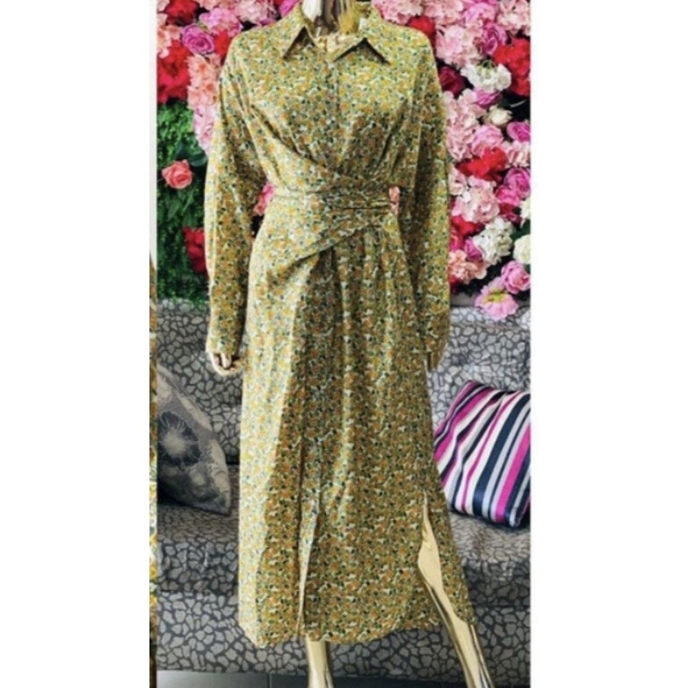 Zara Green Floral Ditsy Belted Kimono Maxi Dress Ditzy SUMMER Long Silky Medium